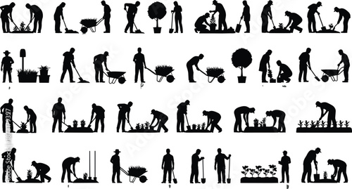 Gardening and landscaping people silhouettes set, outdoor planting, digging, farming activities, gardeners working with tools, plants, wheelbarrow vector illustration