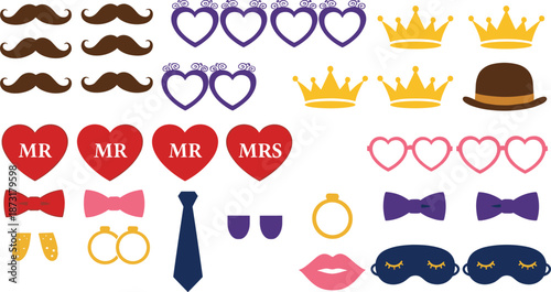 Colorful wedding and party photo booth props collection featuring crowns, mustaches, glasses, hearts, accessories, masks, and decorative elements.