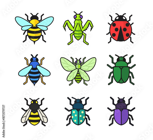 Diverse Insect and Bug Icon Collection Featuring Bee Praying Mantis Ladybug Fly Beetle and Colorful Wings for Nature and Biology Education