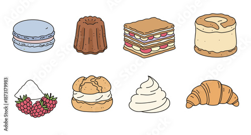 Delicious French pastry and dessert collection including macaron canele millefeuille cream puff croissant and whipped cream icons
