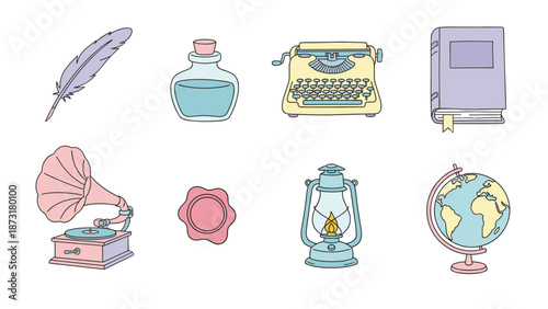 Vintage Writing and Music Equipment Collection with Typewriter Gramophone Quill Pen Inkwell Book Lantern and Globe Vector Icons