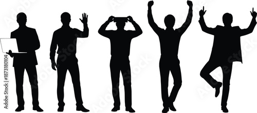 Business people silhouettes expressing success, victory and celebration, showcasing confidence, teamwork, achievement, motivation, leadership, and positive corporate culture concept