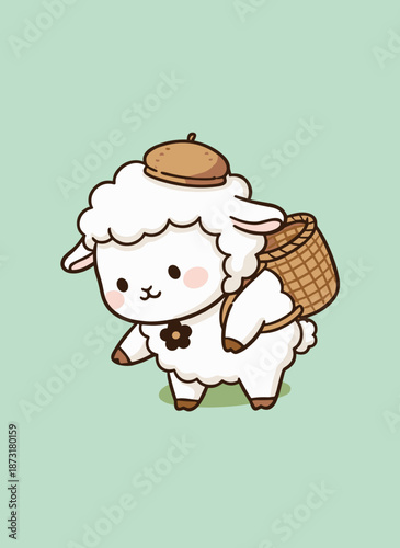 Cute Kawaii Sheep Character Wearing Beret and Carrying Wicker Basket for Autumn Harvest Gardening and Outdoor Activity Illustration