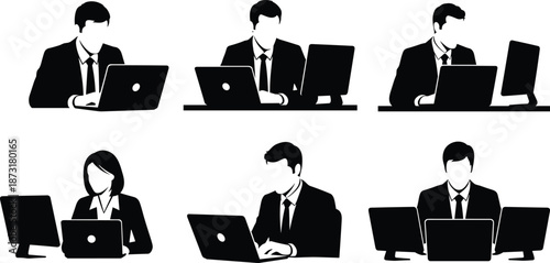 Business people silhouettes working on computers showing modern office workflow, professional teamwork, remote work concepts isolated on white background