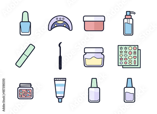 Professional manicure and nail salon beauty care tool icons set with polish bottles lamp cream and stickers isolated on white background
