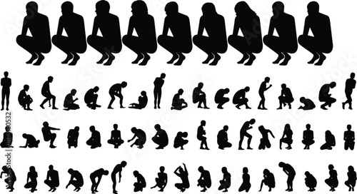 Collection of black human silhouettes in various crouching and sitting poses Keywords: silhouette, people, human, figure, man
