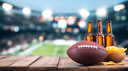 American football, beer, and chips on wooden table, watching a sports game in blurred stadium background