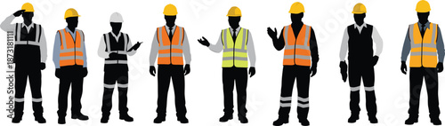 Construction workers safety vest helmet multi pose set isolated white background vector silhouette engineer teamwork industry contractor builder labor SEO