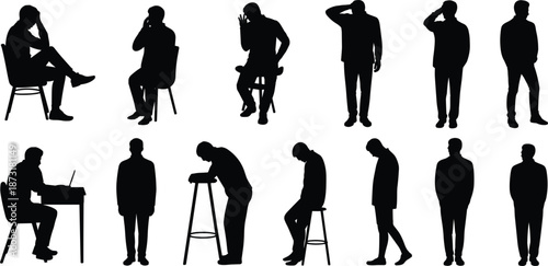 Collection of male silhouettes in various seated and standing contemplative poses people adults