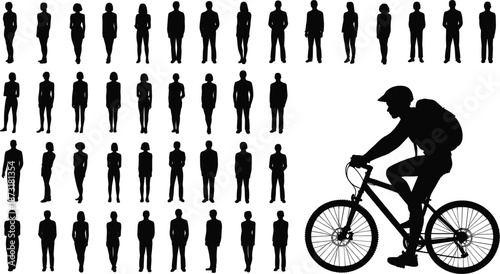 Crowd of Business People Silhouettes and a Cyclist on White Background vector illustration