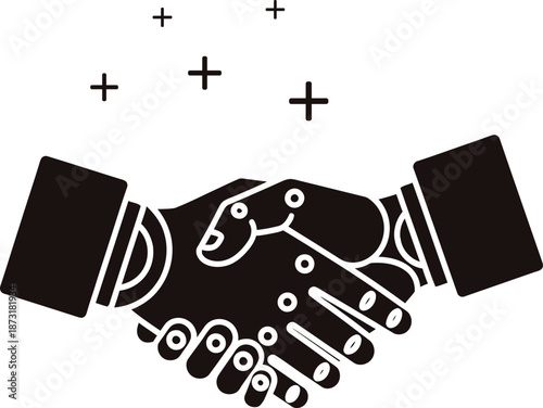 Black Silhouette Icon of Two Hands Shaking with Plus Signs Above handshake agreement