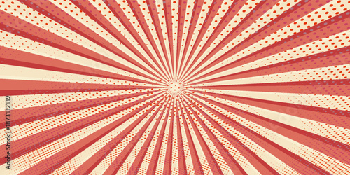 Red sunburst lines on yellow Background. Light sun rays pattern. Vintage stripes halftone radial wallpaper for poster, banner, advertising backdrop, comic or circus scene.