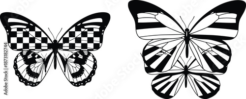 Black and white butterfly vector illustration set with geometric checkered and striped wings, symmetrical insect design for modern graphic projects