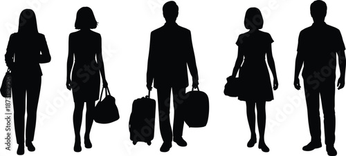 Silhouettes of five diverse people with luggage on a white background Keywords: people, silhouettes, luggage, travel, suitcase