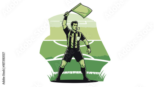Soccer Referee Holding Flag on the Field.
