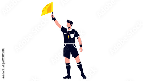 Soccer Referee Holding Yellow Card in Right Hand.