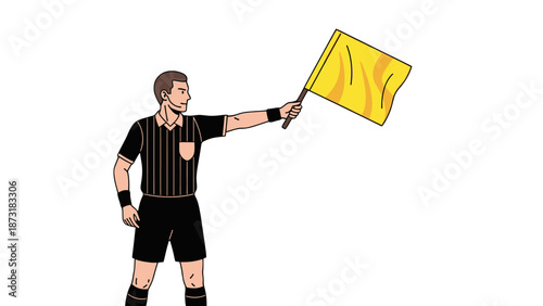 Soccer referee holding a yellow card, cartoon illustration, isolated on white background.