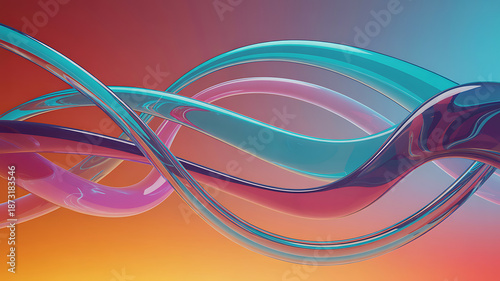 Abstract swirling translucent tubes in vibrant pink, blue, and purple against a warm gradient background, symbolizing fluidity and movement