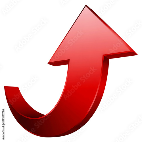 Glossy red 3D arrow pointing upwards in a dynamic curve, signifying growth, progress, and success