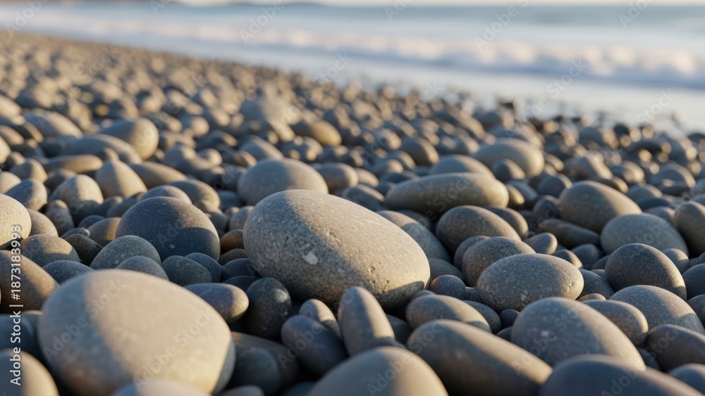 Obraz premium Close-up of smooth gray pebbles on a beach with ocean waves in the distance