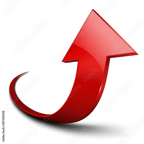 Dynamic 3D red arrow smoothly curving upwards, symbolizing acceleration, improvement, and positive trend
