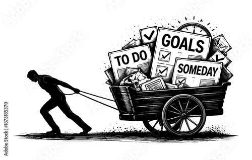 Silhouette of determined male pulling cart of goals and tasks in monochrome illustration