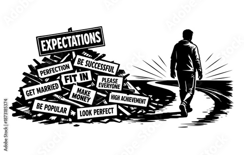 Silhouette of male walking away from expectations signs