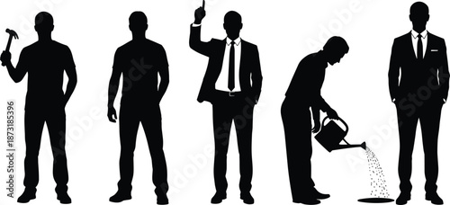 People silhouettes showing different professions including builder, businessman, leader pointing idea, gardener watering plant isolated black vector illustration set