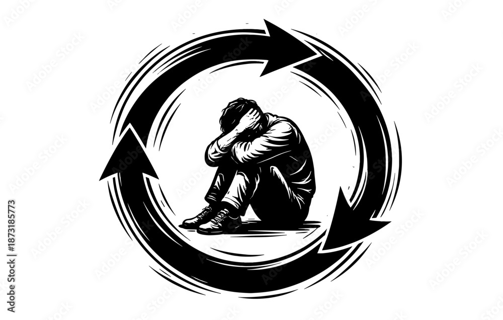 Fototapeta premium Depressed male grayscale illustration encircled by arrows reflecting mental health struggles