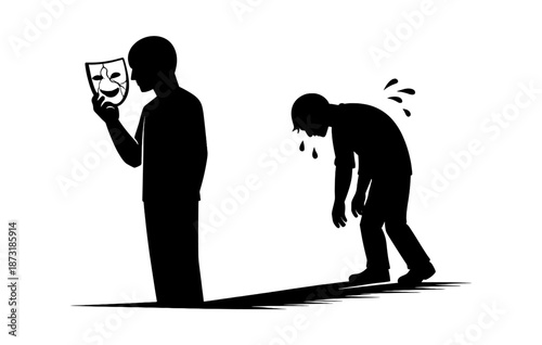 Silhouette of two figures in emotional contrast: mask and despair