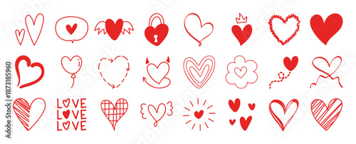 Valentine heart doodle elements vector illustration with hand drawn red heart icons and love symbols on white background. Cute romantic design for greeting cards, invitations, posters, stickers.