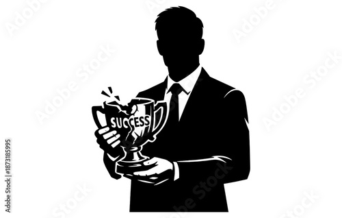 Silhouette of male holding broken success trophy reflecting failure and disappointment