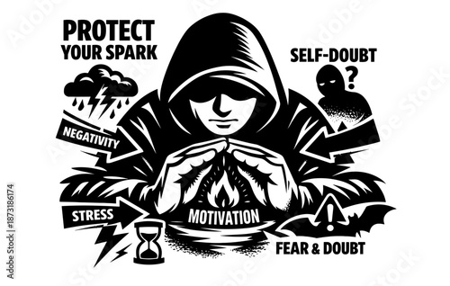 Motivation and self-protection concept with overcoming negativity and stress