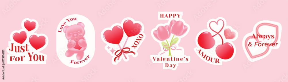 Fototapeta premium Valentine sticker banner vector illustration with hand drawn heart badges, romantic quotes, and floral icons in red and pink on light pink background. Cute romantic design for planner stickers.