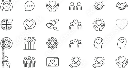 Love Care and Emotional Connection Icon Set with Hearts Communication Support Trust Relationships and Mental Wellbeing Symbols Outline Vector Illustration