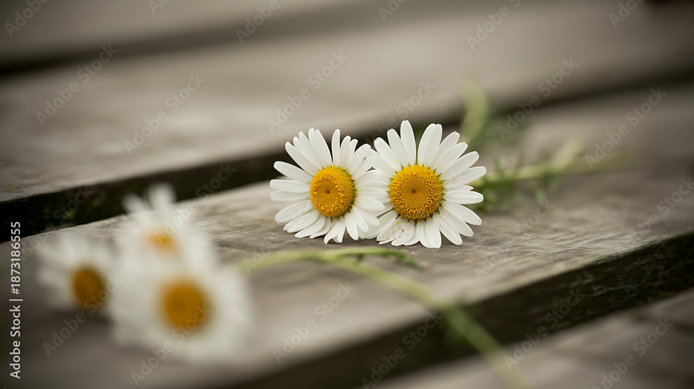Obraz premium Close up of white daisies on a wooden background with shallow depth of field
