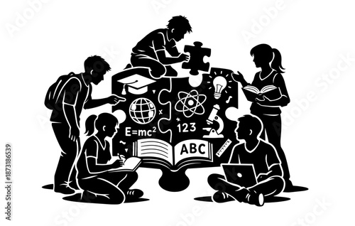 Teen students engaged in collaborative educational activities with books and technology