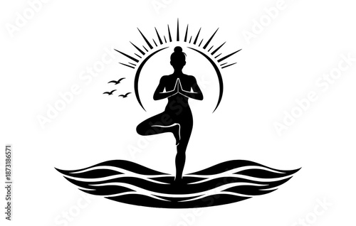 Silhouette of female practicing yoga on waves with sunburst and birds