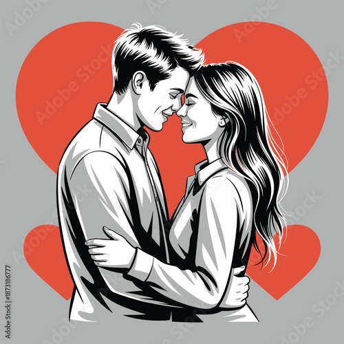 Couple Embracing with Red Hearts Background love romance