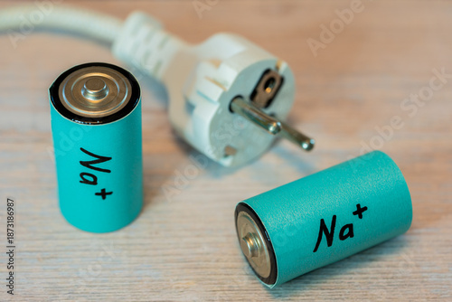 Sodium ion batteries with power cord as sustainable energy storage comparison concept