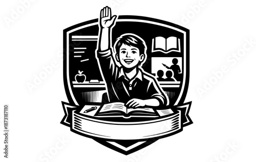 Cheerful young male student in classroom emblem with raised hand