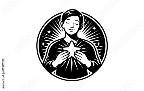 Young caucasian male holding star in blissful monochrome art with radiant background