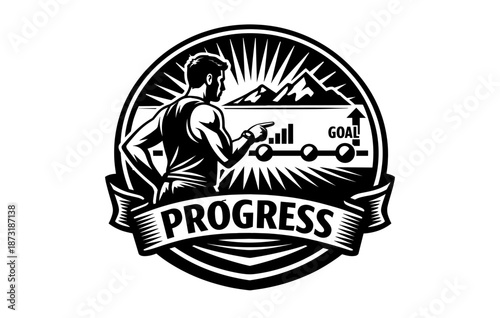 Motivational fitness logo with male analyzing progress chart and mountains