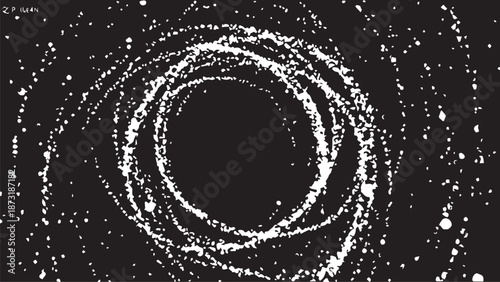 Abstract black and white spiral with concentric rings and grainy texture.