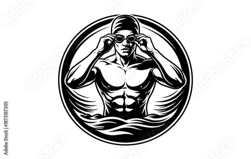 Athletic male swimmer preparing for race in circular emblem design