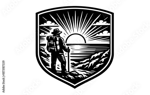 Black and white hiking badge with sunrise and explorer overlooking mountains and sea