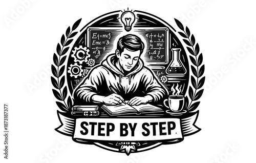 Young male student studying science with equations and coffee in black and white emblem