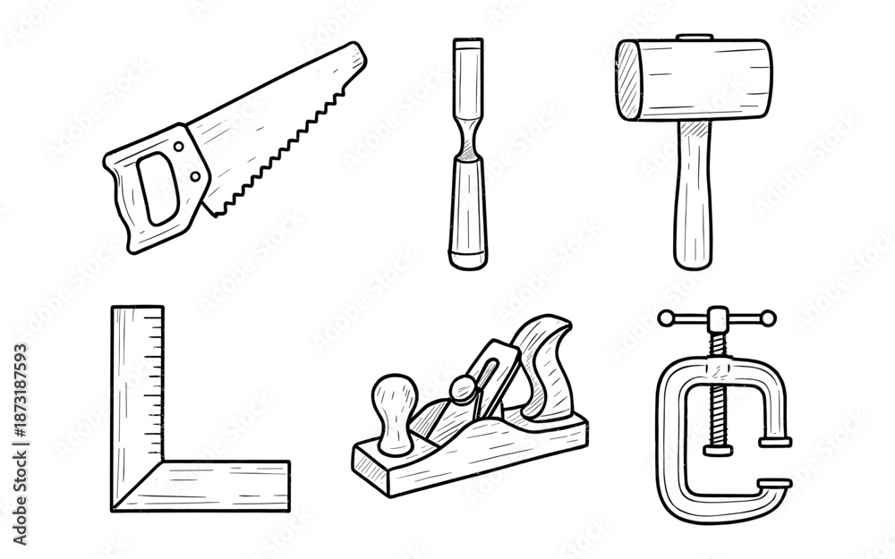 Fototapeta premium Collection of hand-drawn woodworking tools including a saw, chisel, mallet, ruler, plane, and clamp