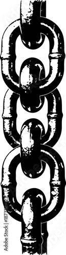 Rustic metal chain link with worn texture isolated on white background, vertical close up