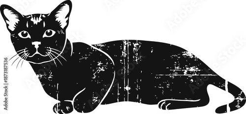 Black cat silhouette with distressed texture lying down on white background